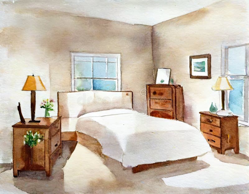 Watercolor of Neat Bedroom with Spacious Bed and Stock Illustration