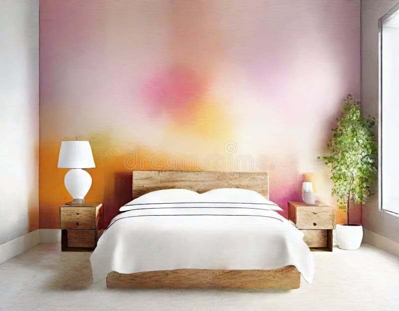 Watercolor of Neat and Tidy Bedroom with Minimalist Decor and Colorful ...