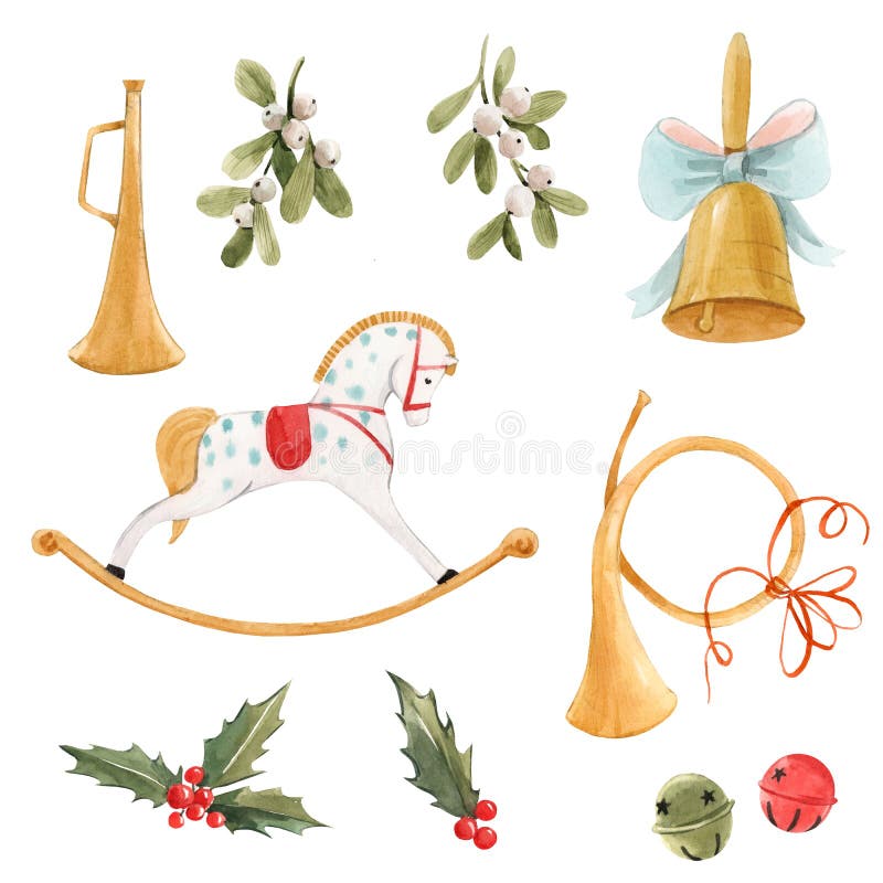 Watercolor nice christmas set with baby rocking horse golden bell trumpet holly flowers and berries isolated elements royalty free illustration Watercolor nice christmas set with baby rocking horse golden bell trumpet holly flowers and berries isolated elements royalty free illustration
