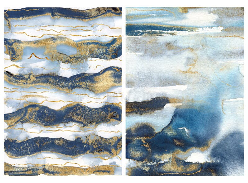 Watercolor ocean abstract texture with blue, white and gold waves. Hand painted sea or ocean background. Aquatic