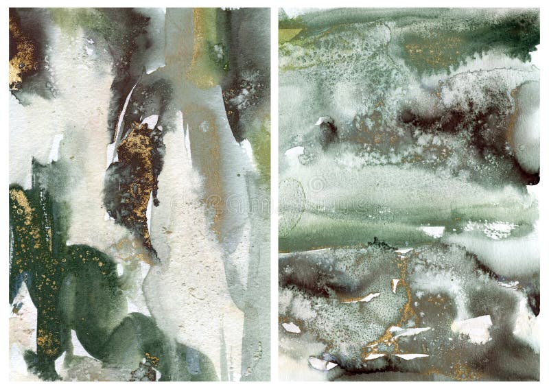 Watercolor ocean abstract texture with gold and green spots. Hand painted sea, ocean or river background. Aquatic