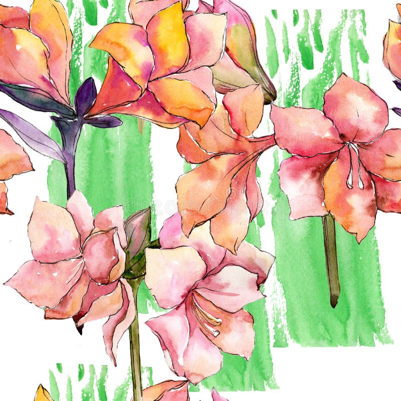 Watercolor orange amaryllis flower. Seamless background pattern.