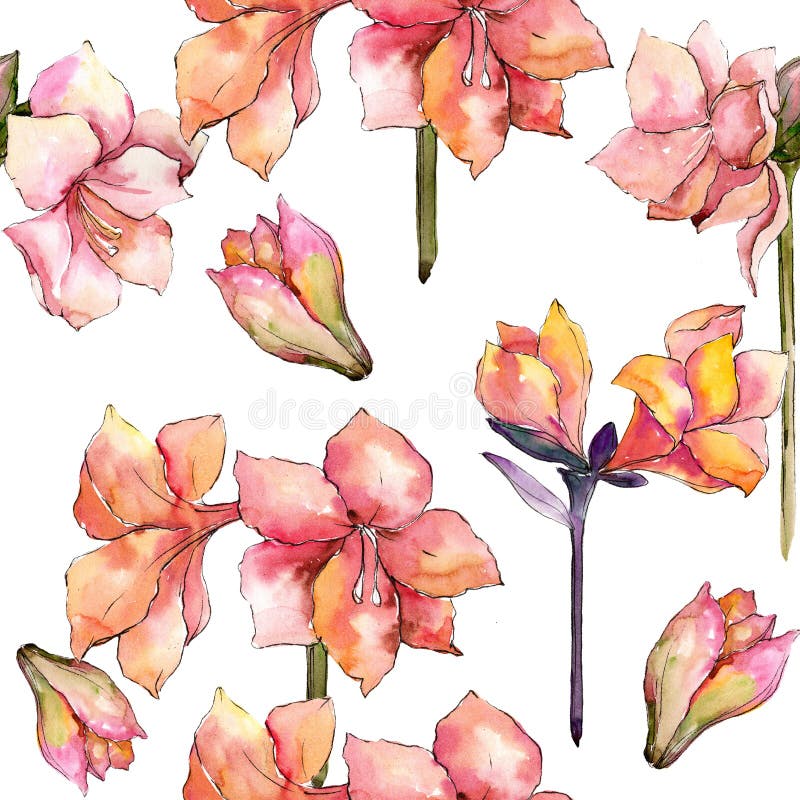 Watercolor orange amaryllis flower. Seamless background pattern.