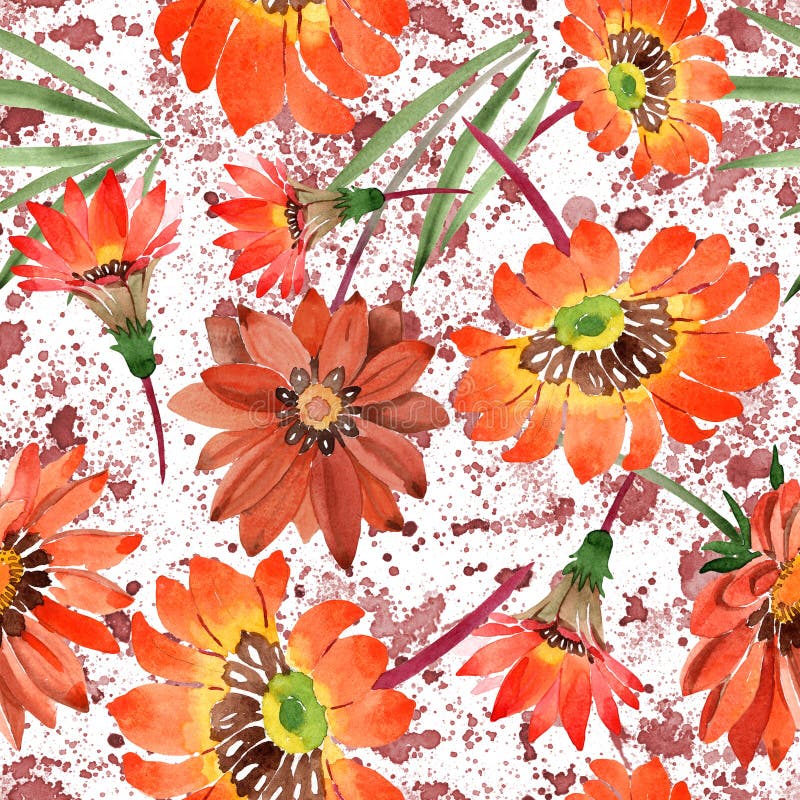 Watercolor orange gazania flowers. Floral botanical flower. Seamless background pattern. Fabric wallpaper print texture. Aquarelle wildflower for background, texture, wrapper pattern, frame or border.