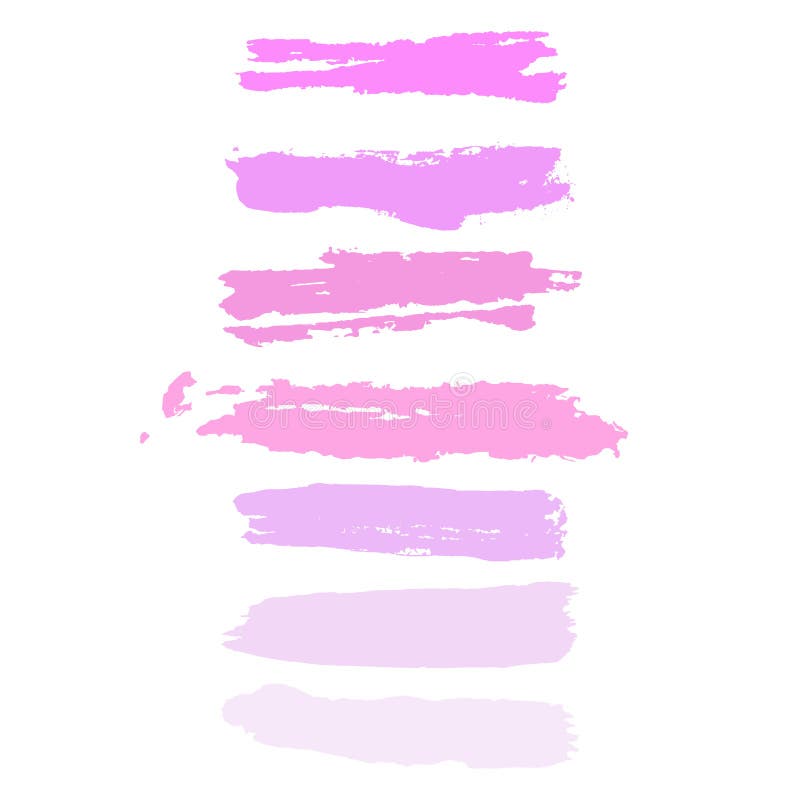 Watercolor paint brush strokes set of pink, neon purple ink splatters. Grunge paintbrush texture, abstract blobs and splashes, vector light color smear, daub. Pastel palette