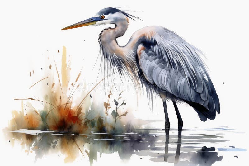 Watercolor painted grey heron on a white background