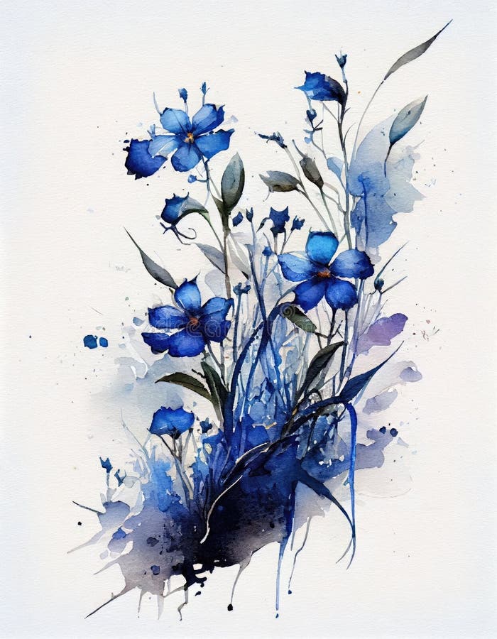 Watercolor Painting of an Array of Vibrant Blue Flowers Arranged on a