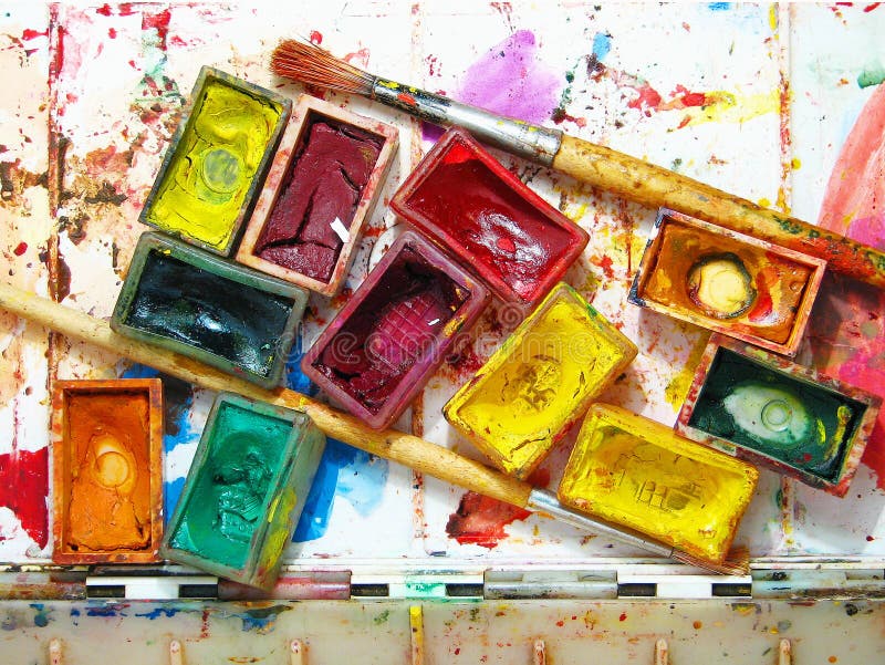 Watercolor Painting and Artistic Tools on Table Stock Photo Image of