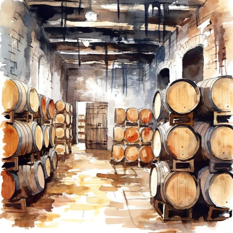A Watercolor Painting of Barrels in a Wine Cellar. Generative AI Image