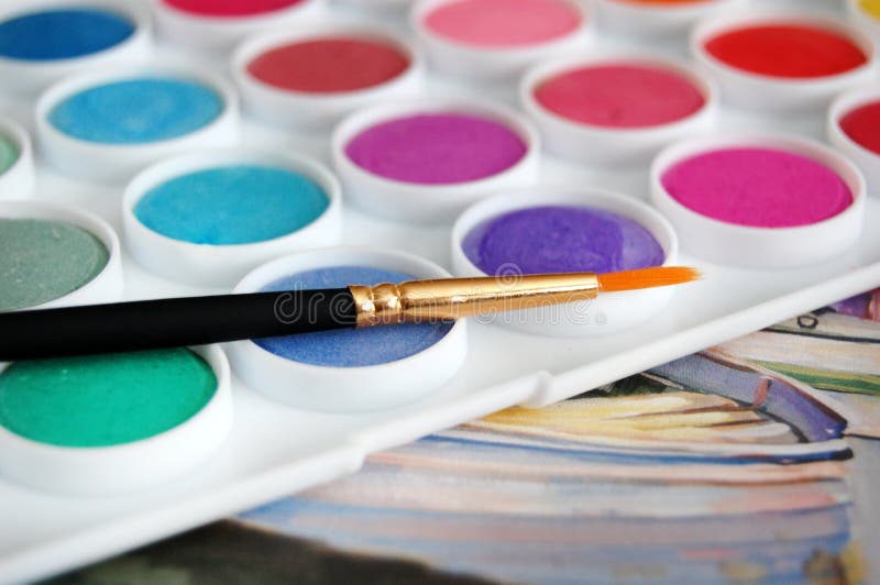 Watercolor Brush with Water Color Pallet Stock Image - Image of learning,  aquarelle: 169096647