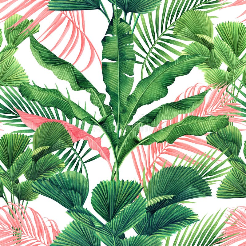 Watercolor painting coconut,banana,palm leaf,green ,pink leaves seamless pattern background.Watercolor summer illustration tropica