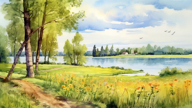 Watercolor Painting Of A Countryside Area With A Lake And Flowers