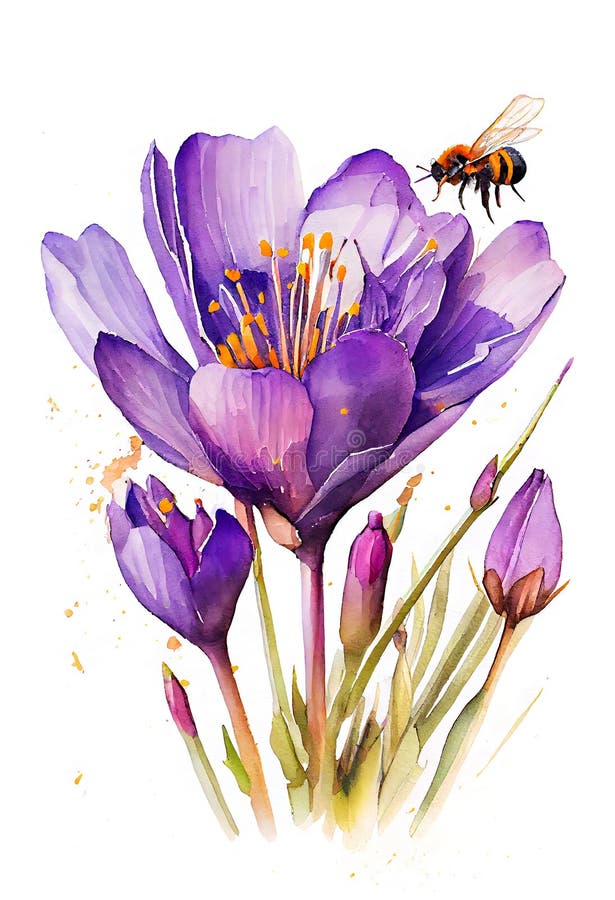 Watercolor Painting of Crocus Flower and Bee. White Background Stock