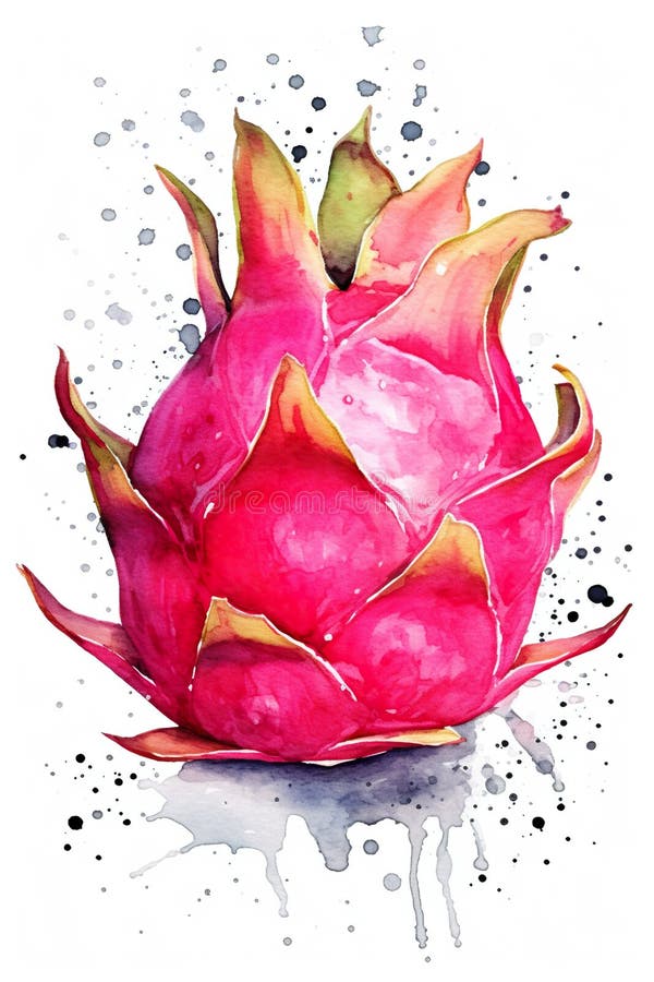 A watercolor painting of a dragon fruit. Generative AI image. stock illustration