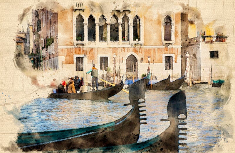 Watercolor painting of gondolas in Venice, Italy, in front of a elaborated venetian golden palace royalty free stock images Watercolor painting of gondolas in Venice, Italy, in front of a elaborated venetian golden palace royalty free stock images