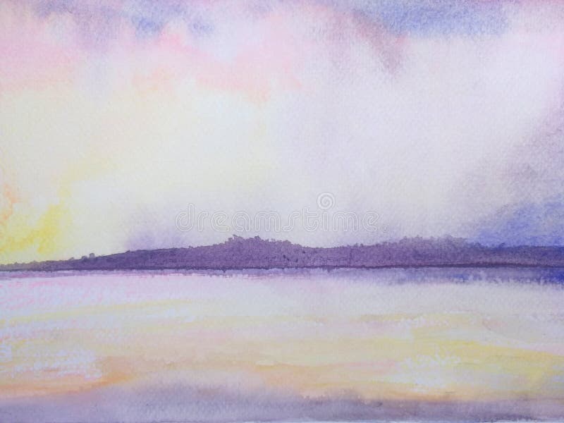 Watercolor sea and mountain landscape pink sunset sky.