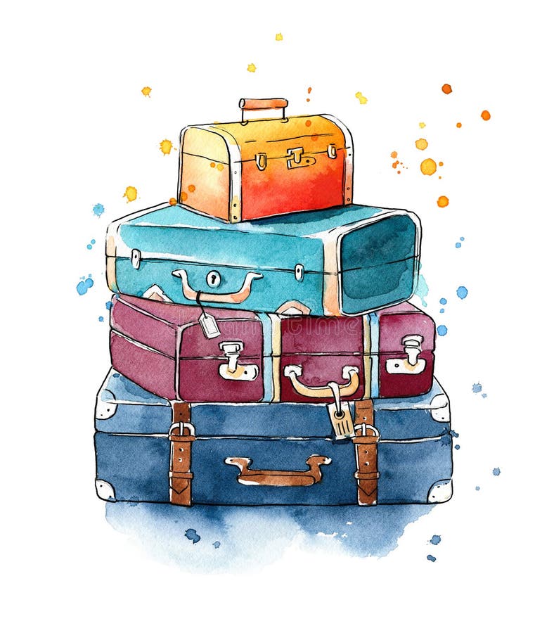 Summer Watercolor Hat Vintage Suitcases Vacation Travelling Clipart Watercolor Suitcases and Bags Watercolor Travel Clip Art