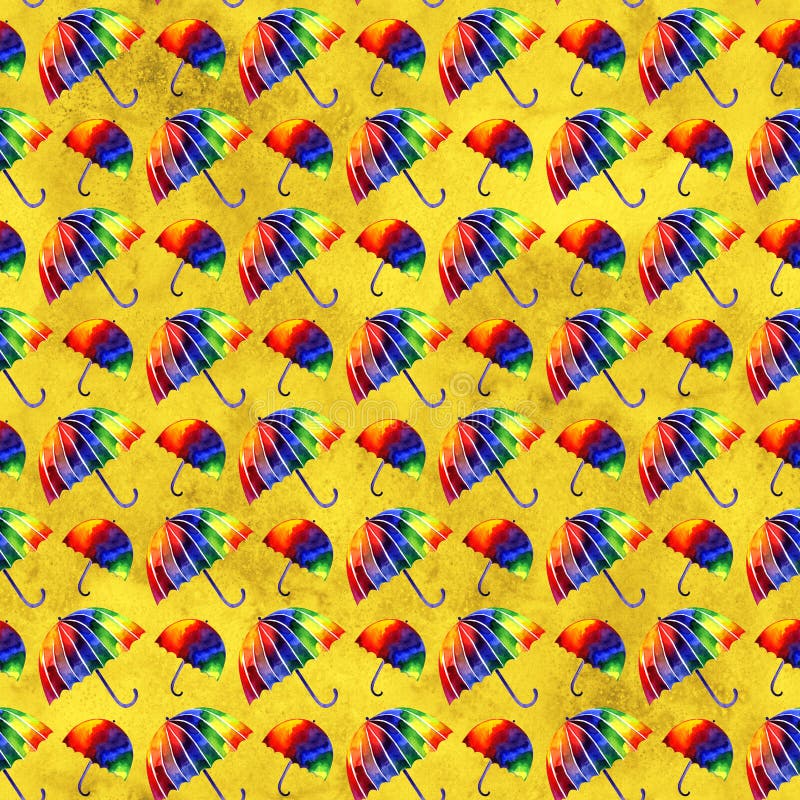 Watercolor painting illustration rainbow umbrella. Seamless repeating pattern. A colorful image. Hand-drawn picture. A stock illustration Watercolor painting illustration rainbow umbrella. Seamless repeating pattern. A colorful image. Hand-drawn picture. A stock illustration
