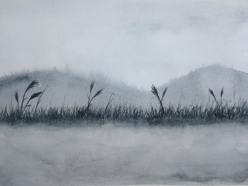 Watercolor painting ink reed or grass landscape mountain reflect river in the fog.