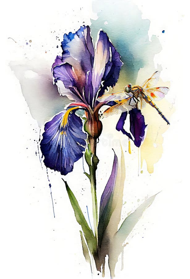 Watercolor painting of iris flower with dragonfly. white background vector illustration