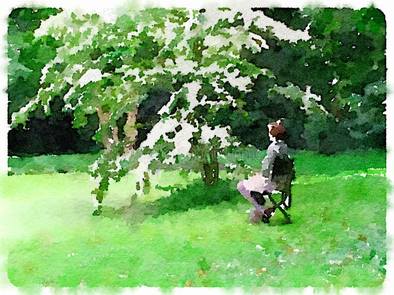 Watercolor painting of a lady sitting on a chair under a tree wi