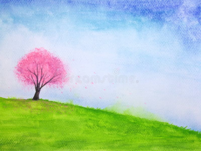 Watercolor painting landscape hill and cherry blossom or sakura tree stand alone in green meadow field with blue sky.hand drawn on paper.