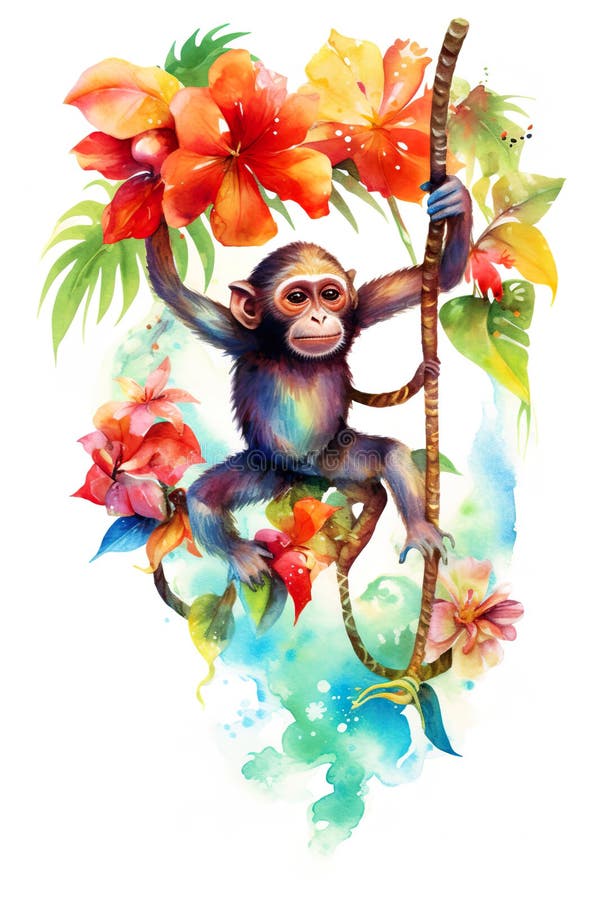 A watercolor painting of a monkey hanging from a tree. Generative AI image. stock images