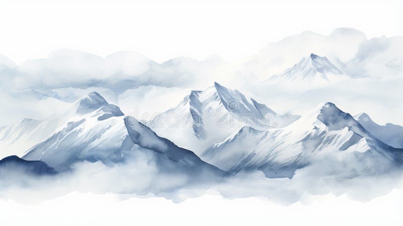 Watercolor Painting Of Mountain Peaks - Monochromatic Tones