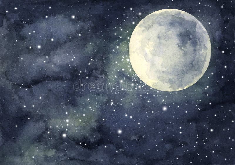 Watercolor Painting Of Night Sky With Full Moon And Shining Stars Stock