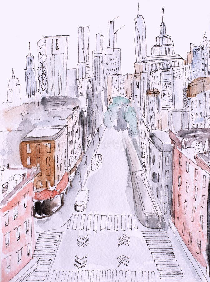 Watercolor painting of street view of New York, modern Artwork, American city, illustration New York.