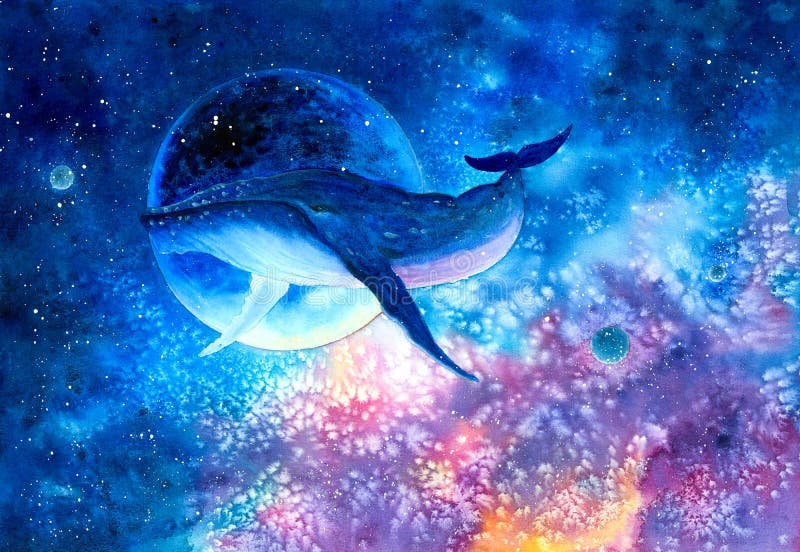 Watercolor Painting - Whale with Galaxy Sky Stock Illustration ...