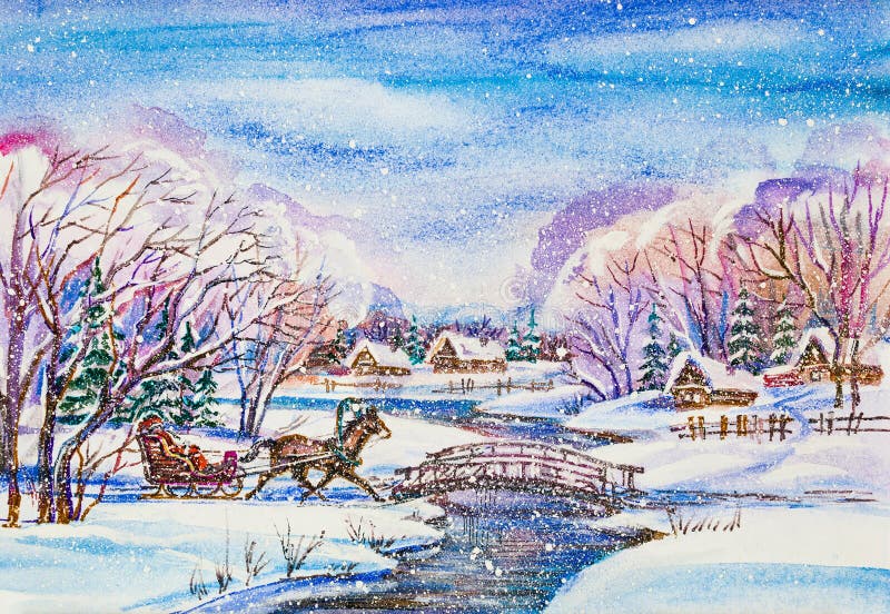 Winter village landscape with Santa in sleigh