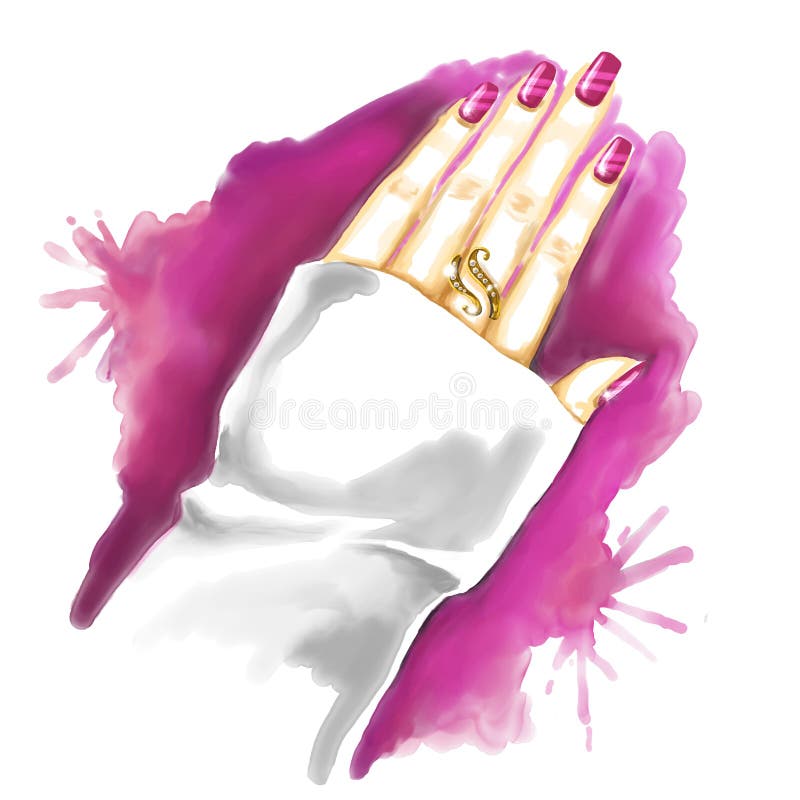 Watercolor painting: woman hand with manicure and gold ring