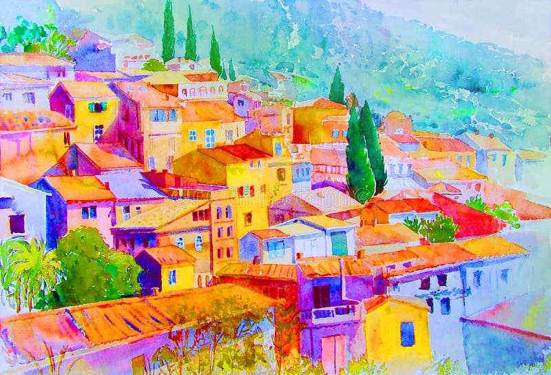 Akvarel malování na papír barvitý z obec na kopec hora v krása sezóna abstraktní modrá obloha.