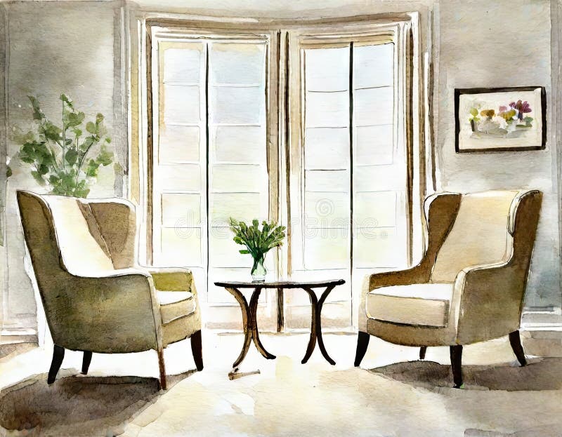 Watercolor of Pair of Chairs Positioned for a Conversation Stock