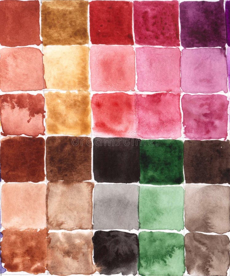 Watercolor palette with multi-colored squares. Watercolor palette with colored squares. Abstract texture. Backdrop