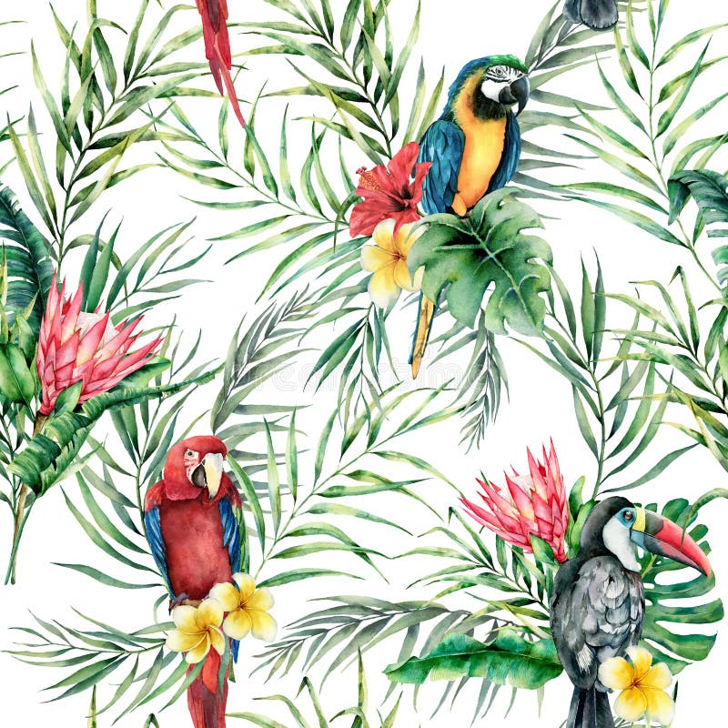 Watercolor Parrot with Tropical Leaves. Hand Painted Parrot with ...
