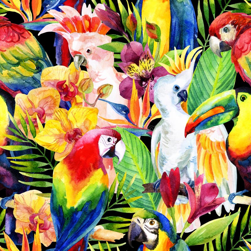 Watercolor parrots with tropical flowers seamless pattern vector illustration Watercolor parrots with tropical flowers seamless pattern vector illustration