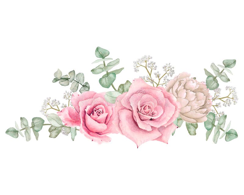 Watercolor Paster Floral Bouquet Composition with Roses and Eucalyptus ...