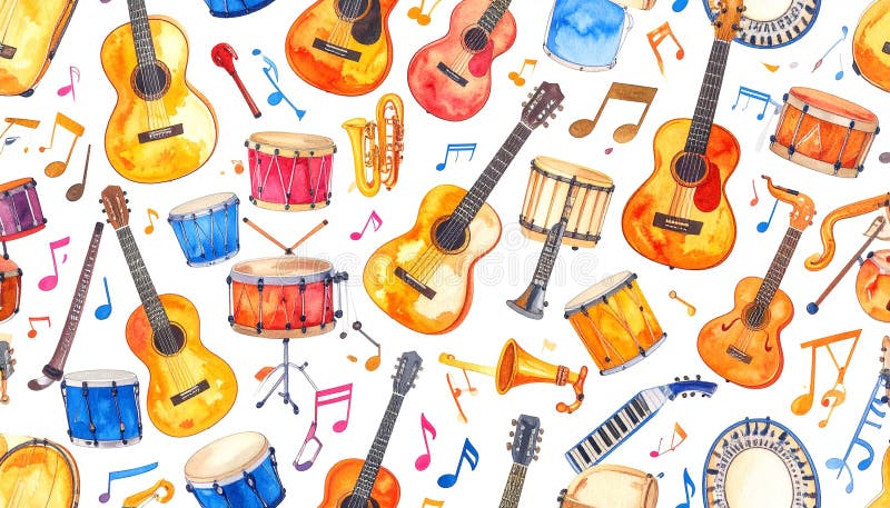 Watercolor pattern of assorted musical instruments and notes on stock illustration