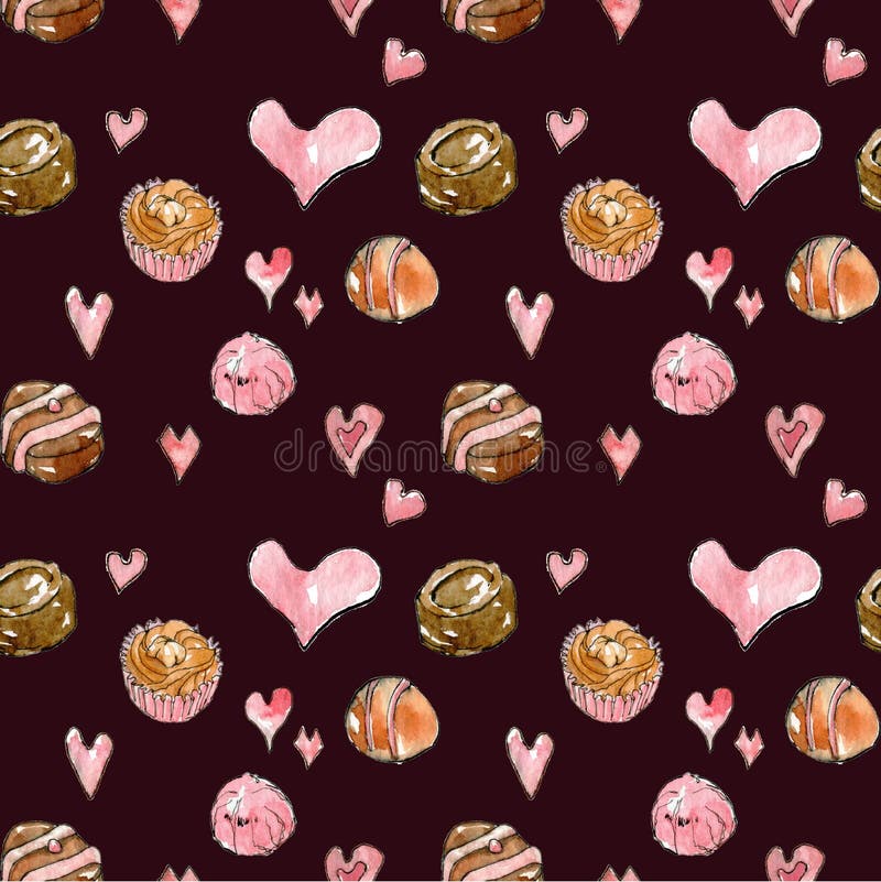 Watercolor pattern of chocolate candies  drawn by hand on a dark background.