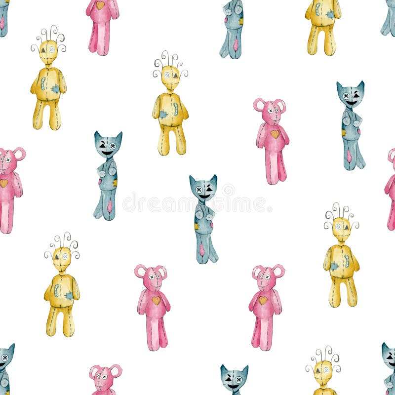 Watercolor pattern of cute voodoo dolls for halloween, cartoon fantastic creature for textile fabric royalty free stock photos Watercolor pattern of cute voodoo dolls for halloween, cartoon fantastic creature for textile fabric royalty free stock photos