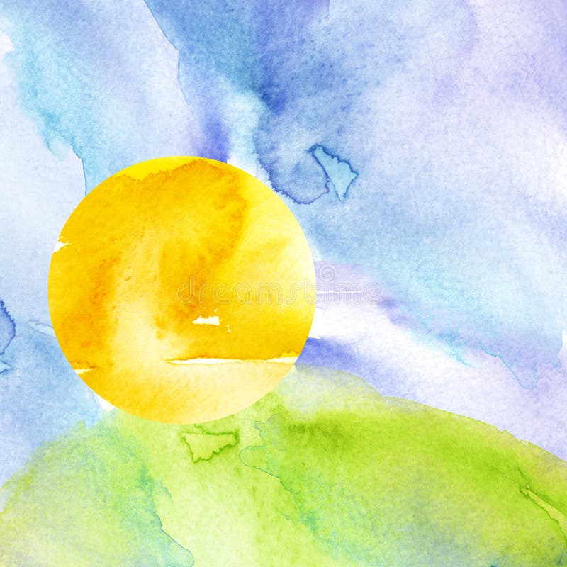 Sunset, dawn, yellow, orange sun, blue sky with clouds. Green grass, hill. royalty free illustration Sunset, dawn, yellow, orange sun, blue sky with clouds. Green grass, hill. royalty free illustration