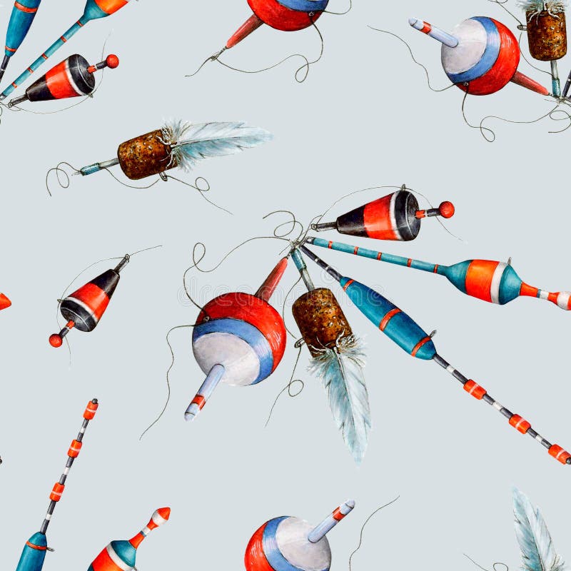 Watercolor Pattern of Various Fishing Wobblers, Red, White, Blue and Black  with Fishing Line on Blue Background Stock Photo - Image of printing,  float: 280270250