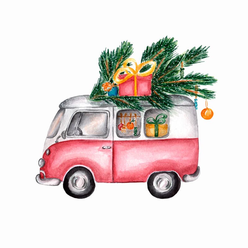 Watercolor picture of christmas vintage bus. Red retro car is carrying christmas gifts.Watercolor illustration of Santa Claus`s vector illustration Watercolor picture of christmas vintage bus. Red retro car is carrying christmas gifts.Watercolor illustration of Santa Claus`s vector illustration