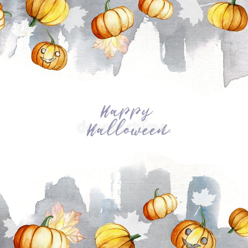 watercolor picture in a Halloween theme frame of pumpkins, leaves and a watercolor gray background with an inscription, autumn de