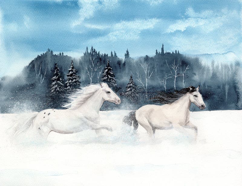 Watercolor picture of two white horses