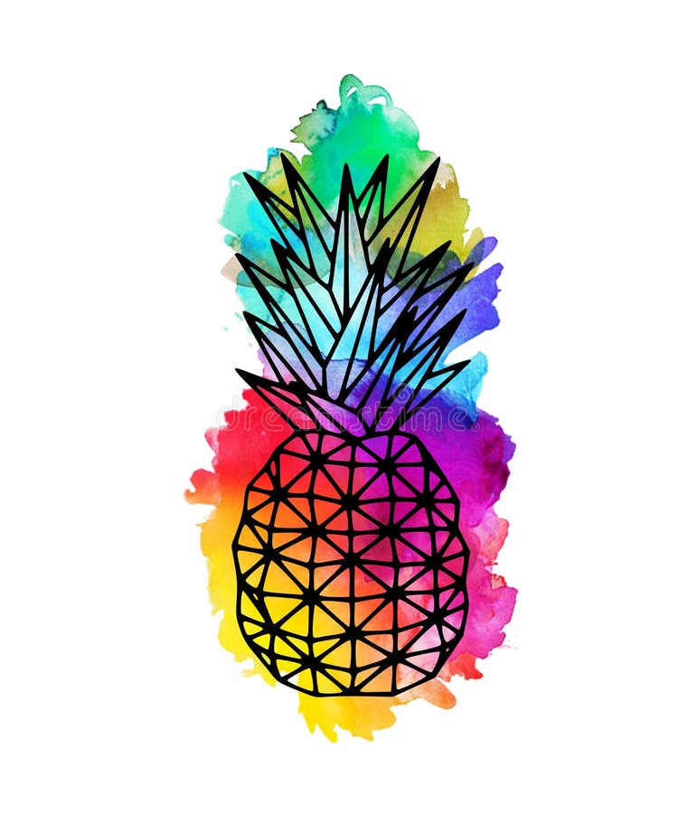 Download Watercolor Pineapple Hand Drawn Illustration With Black Stensil Stock Image Illustration Of Drawing Colorful 137685855