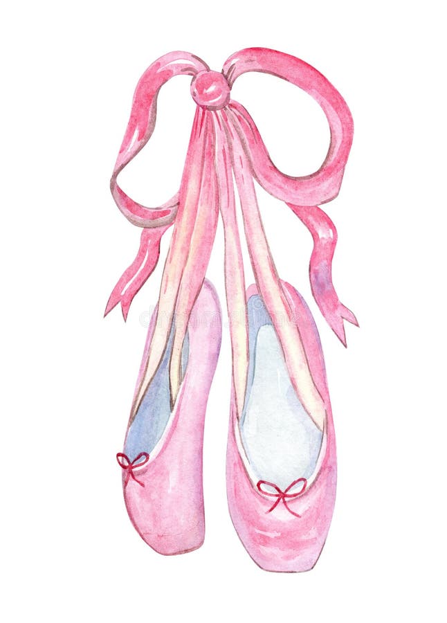 Watercolor pink ballet shoes hanging illustration isolated on white stock illustration