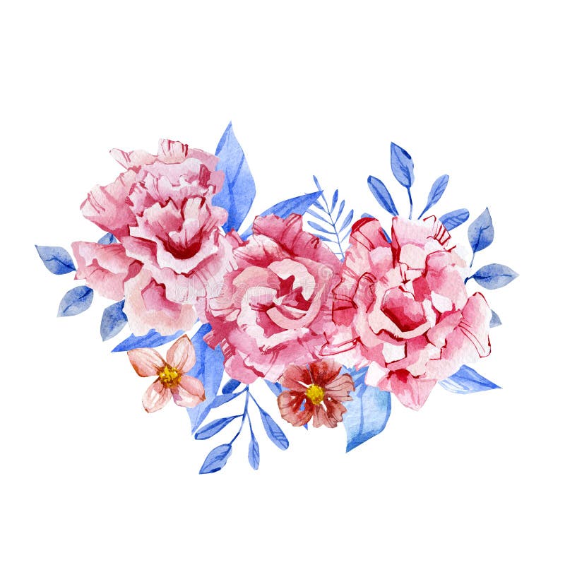 Watercolor pink flower bouquet illustration. Blue floral. Botanical illustration for greeting card stock illustration Watercolor pink flower bouquet illustration. Blue floral. Botanical illustration for greeting card stock illustration